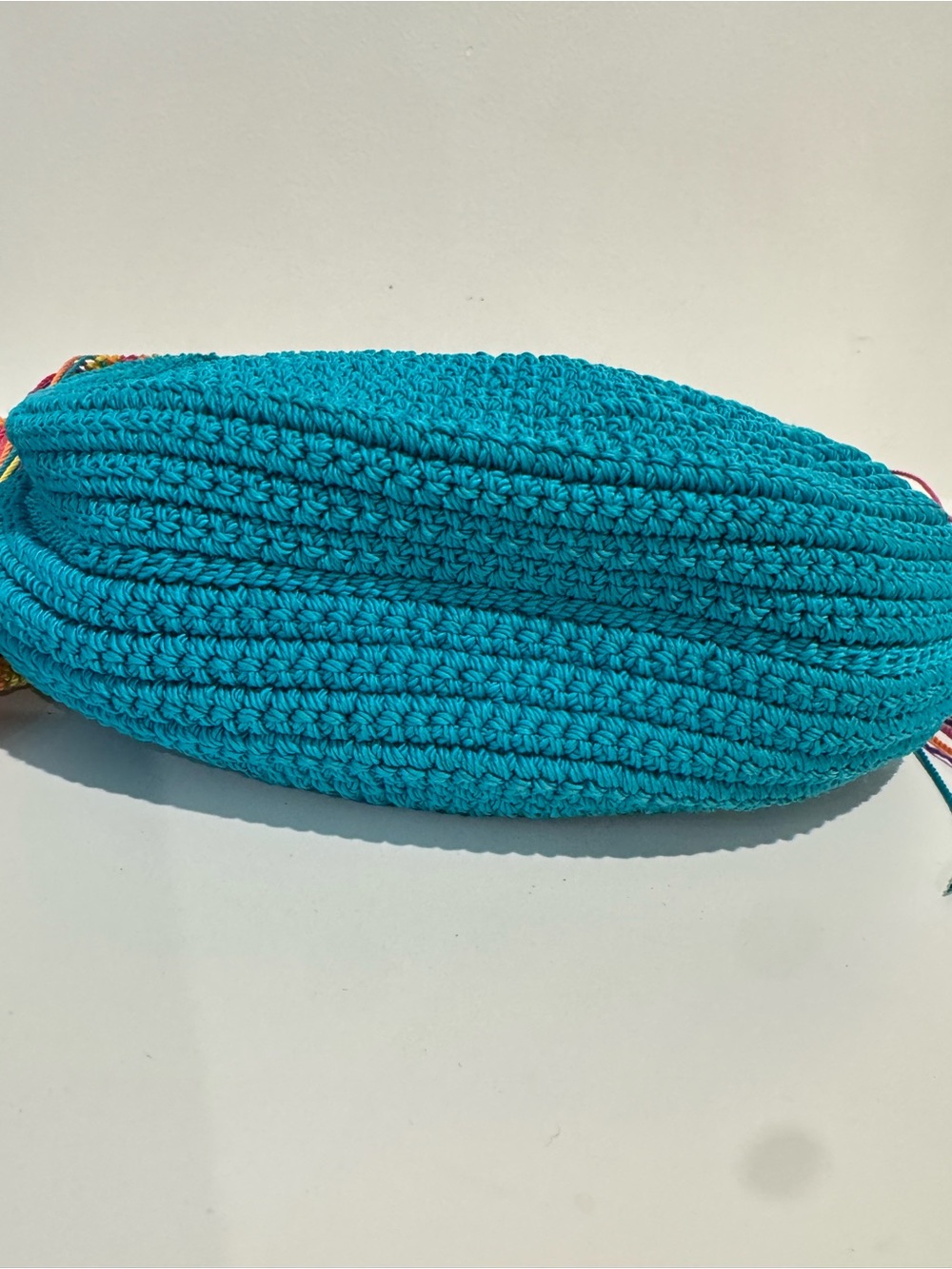 Handmade Rare Wayuu Colombian Mochila bag teal and multi color round - Picture 9 of 11